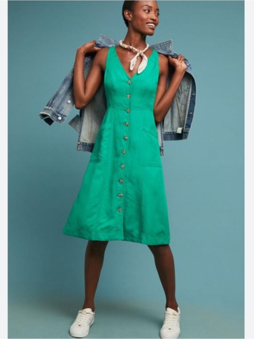 Anthropologie Maeve dionis abutton front midi dress Green size 6
